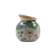 Hand-Painted Ceramic Storage Jar with Bamboo Lid - Traditional Tea & Spice Canister