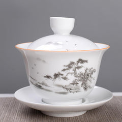 White Porcelain Gaiwan Set - 200ml Handmade Kungfu Tea Bowl with Lid & Saucer