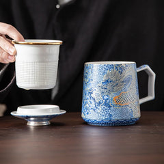 Blue Dragon Tea Mug with Lid - Ceramic Loose Leaf Brewing Cup