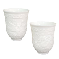 Dragon & Phoenix Porcelain Tea Cup Set - 2 Hand-Carved No-Handle Cups