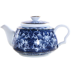 Blue & White Porcelain Stovetop Teapot - Floral Ceramic Tea Kettle with Filter