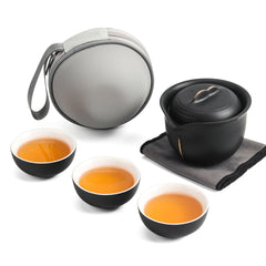 Black Frosted Travel Tea Set - Portable 1 Pot 3 Cup Ceramic Set with Carry Bag