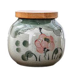 Hand-Painted Ceramic Storage Jar with Bamboo Lid - Traditional Tea & Spice Canister