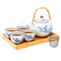 Blue White Plum Bamboo Tea Set - 4 Piece Porcelain Set with Tray