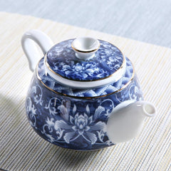 Blue & White Porcelain Stovetop Teapot - Floral Ceramic Tea Kettle with Filter