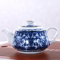 Blue & White Porcelain Stovetop Teapot - Floral Ceramic Tea Kettle with Filter