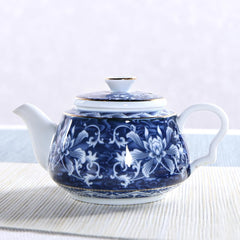 Blue & White Porcelain Stovetop Teapot - Floral Ceramic Tea Kettle with Filter