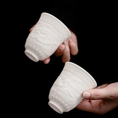 Dragon & Phoenix Porcelain Tea Cup Set - 2 Hand-Carved No-Handle Cups