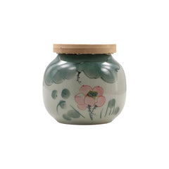 Hand-Painted Ceramic Storage Jar with Bamboo Lid - Traditional Tea & Spice Canister