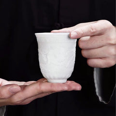 Dragon & Phoenix Porcelain Tea Cup Set - 2 Hand-Carved No-Handle Cups