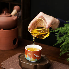 Crane Pattern Tea Cup Set - 4 Enamel Ceramic Cups for Matcha & Tea