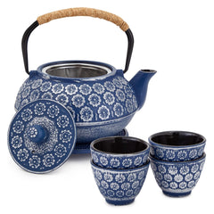 Classic Blue Cast Iron Tea Set - 32oz Pot with Infuser & 4 Cups