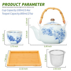 Blue White Plum Bamboo Tea Set - 4 Piece Porcelain Set with Tray