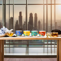 Crane Pattern Tea Cup Set - 4 Enamel Ceramic Cups for Matcha & Tea