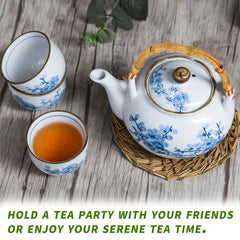 Blue White Plum Bamboo Tea Set - 4 Piece Porcelain Set with Tray