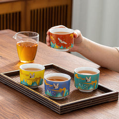 Crane Pattern Tea Cup Set - 4 Enamel Ceramic Cups for Matcha & Tea