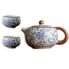 Classic Blue and White Porcelain Tea Set - Ice Crack Glaze Teapot with Two Cups