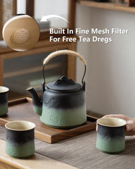 Japanese Gradient Ceramic Teapot Set - 4 Cups with Hemp Handle & Strainer