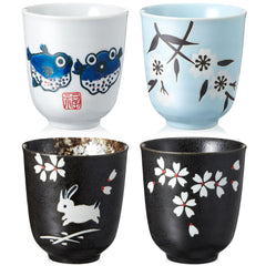 Hand-Painted Pufferfish Tea Cups - Set of 4 Ceramic Matcha Bowls