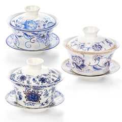 3-Piece Porcelain Gaiwan Set - 10oz Cups with Lids & Saucers