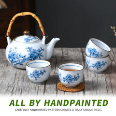 Blue White Plum Bamboo Tea Set - 4 Piece Porcelain Set with Tray