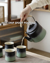 Japanese Gradient Ceramic Teapot Set - 4 Cups with Hemp Handle & Strainer