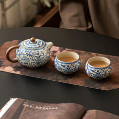 Classic Blue and White Porcelain Tea Set - Ice Crack Glaze Teapot with Two Cups