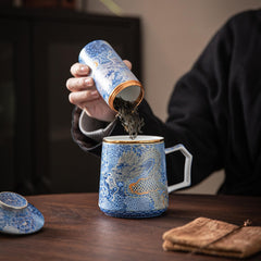 Blue Dragon Tea Mug with Lid - Ceramic Loose Leaf Brewing Cup