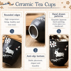 Hand-Painted Pufferfish Tea Cups - Set of 4 Ceramic Matcha Bowls