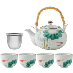 Lotus Koi Ceramic Tea Set - 22oz Teapot with 4 Cups & Bamboo Handle