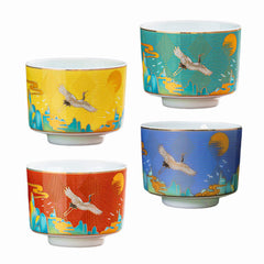 Crane Pattern Tea Cup Set - 4 Enamel Ceramic Cups for Matcha & Tea