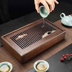 11.8 Inch Bamboo Tea Tray with Drainage & Storage - Dual-Layer Gongfu Tea Table