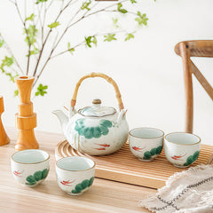 Lotus Koi Ceramic Tea Set - 22oz Teapot with 4 Cups & Bamboo Handle