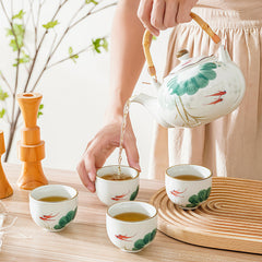 Lotus Koi Ceramic Tea Set - 22oz Teapot with 4 Cups & Bamboo Handle