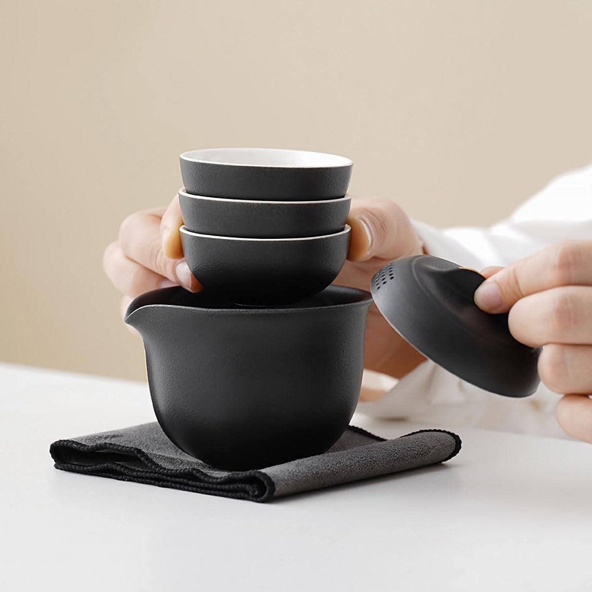 Black Frosted Travel Tea Set - Portable 1 Pot 3 Cup Ceramic Set with Carry Bag