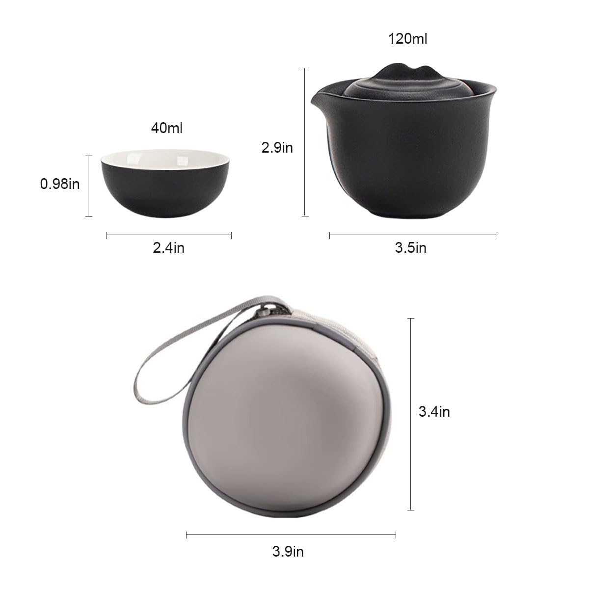 Black Frosted Travel Tea Set - Portable 1 Pot 3 Cup Ceramic Set with Carry Bag