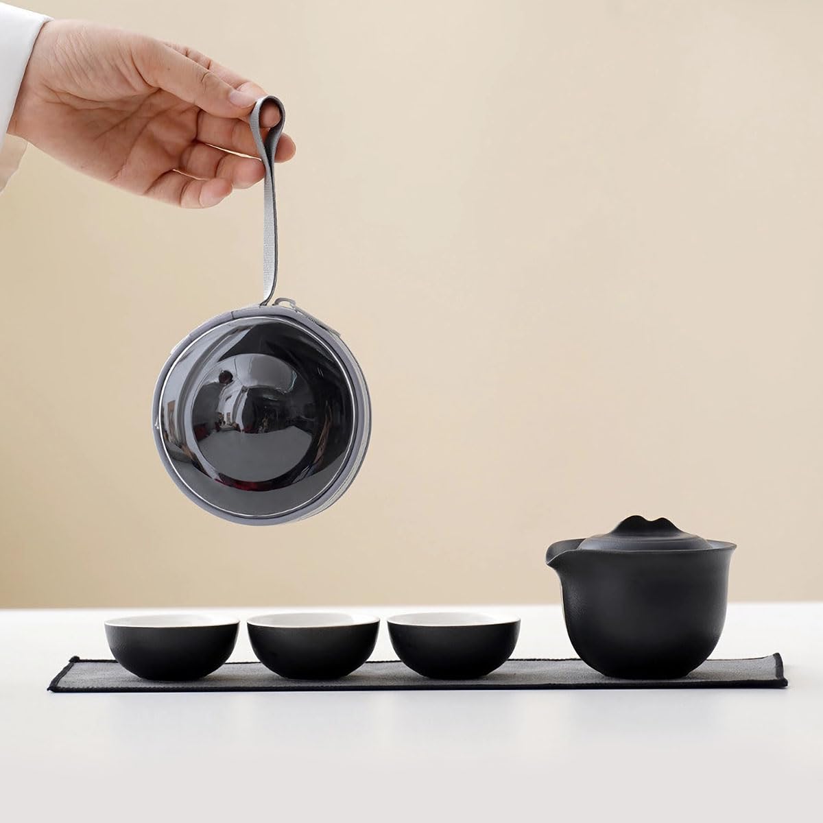 Black Frosted Travel Tea Set - Portable 1 Pot 3 Cup Ceramic Set with Carry Bag