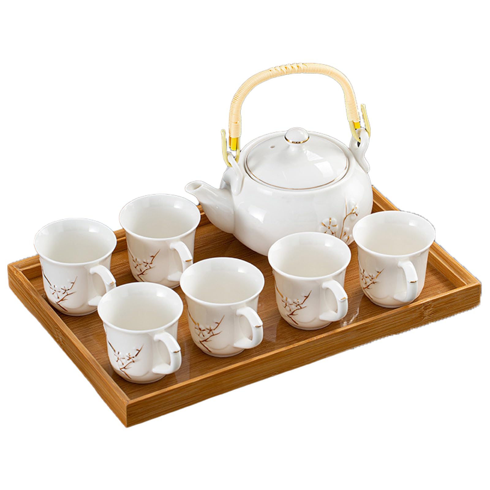Plum Blossom Ceramic Tea Set - 1 Teapot 6 Cups with Bamboo Tray