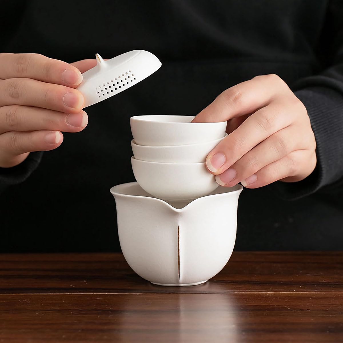 Black Frosted Travel Tea Set - Portable 1 Pot 3 Cup Ceramic Set with Carry Bag
