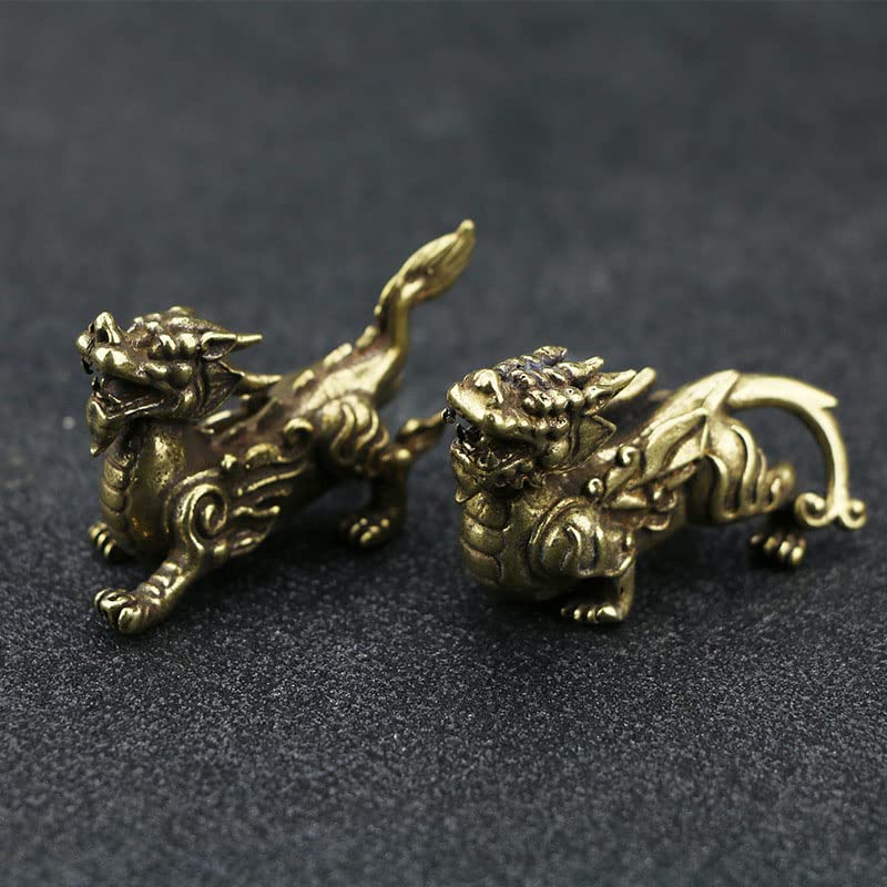 Pair of Mythical Brass Creatures - Yin Yang Tea Table Guardians
