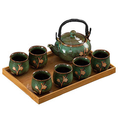 Plum Blossom Ceramic Tea Set - 1 Teapot 6 Cups with Bamboo Tray
