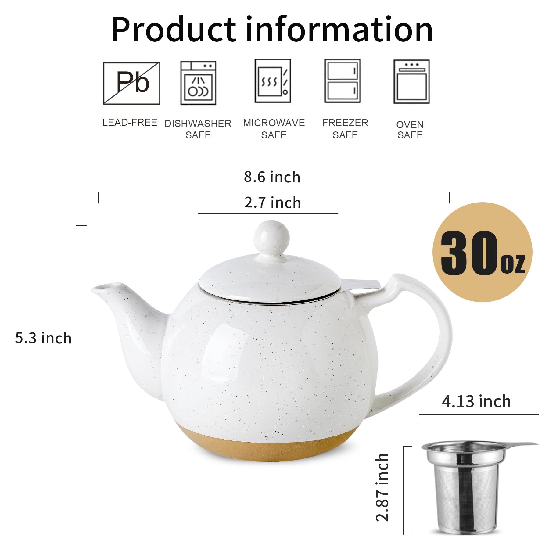 Farmhouse Porcelain Teapot - 34oz Loose Leaf Tea Brewer with Infuser