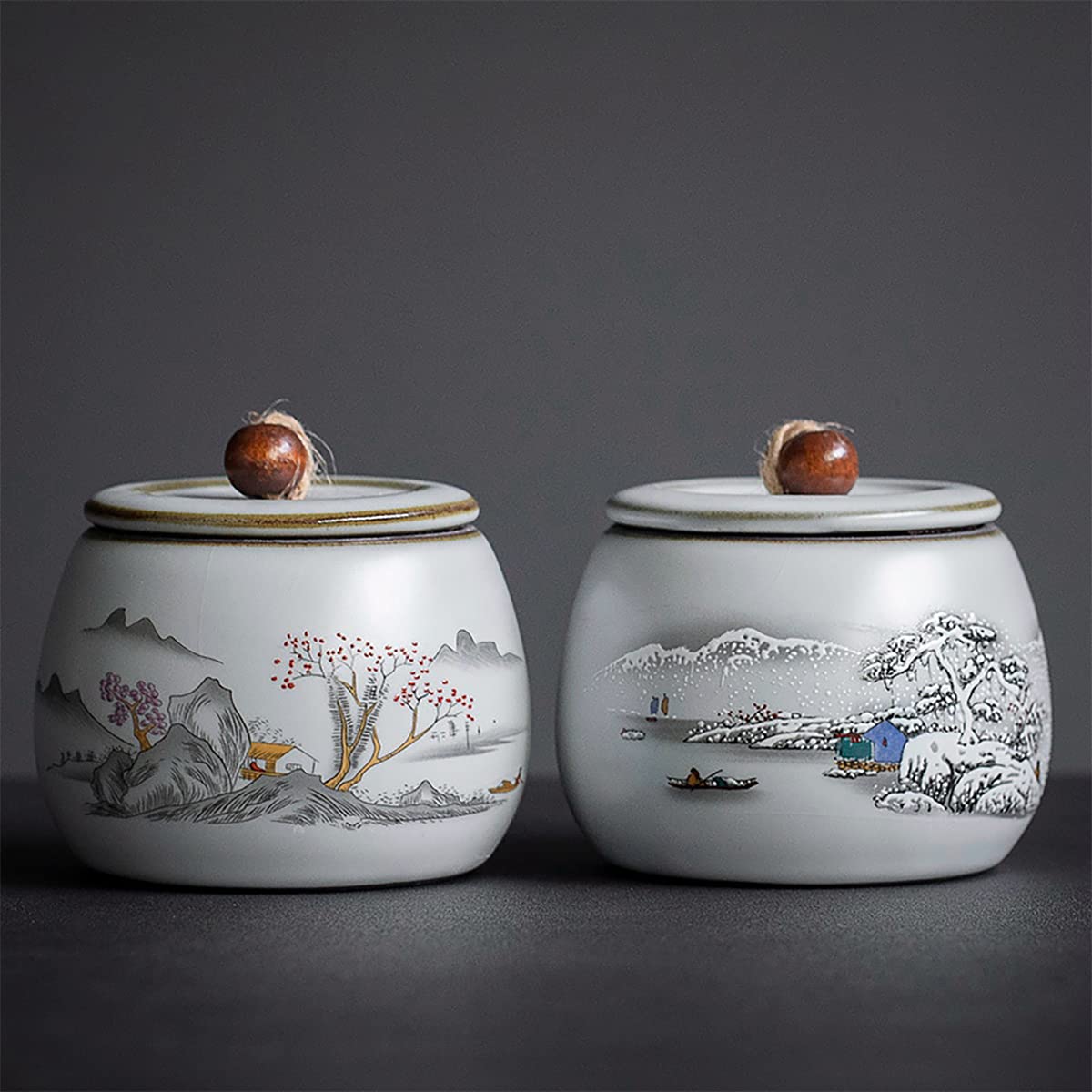 Mountain Pattern Ceramic Tea Caddy - 6oz Airtight Storage Jar