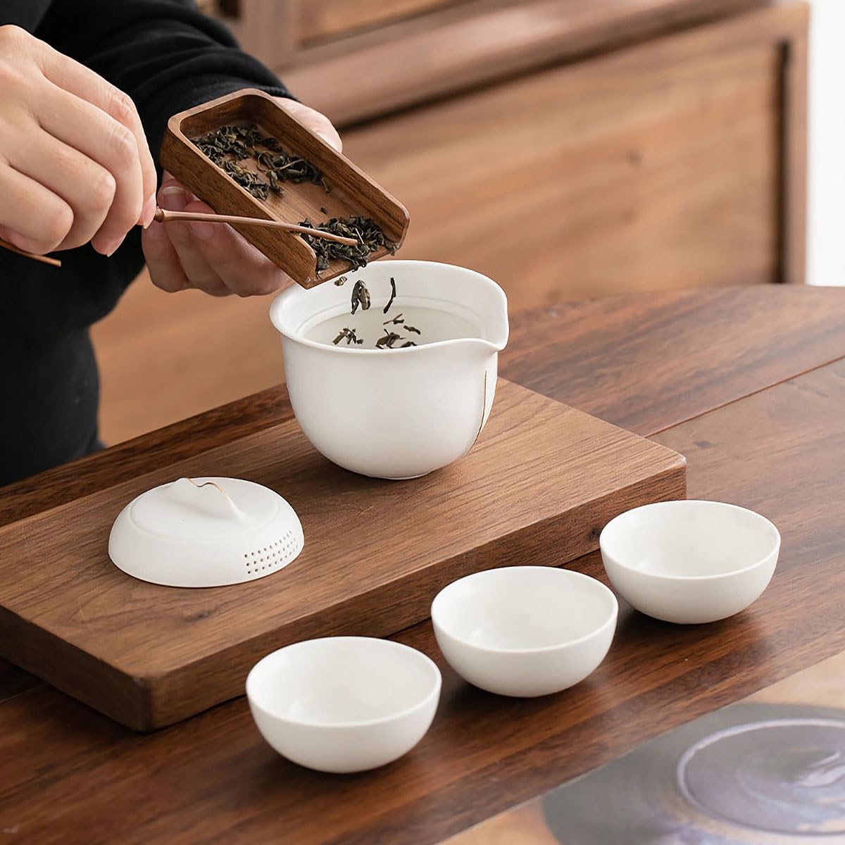 Black Frosted Travel Tea Set - Portable 1 Pot 3 Cup Ceramic Set with Carry Bag