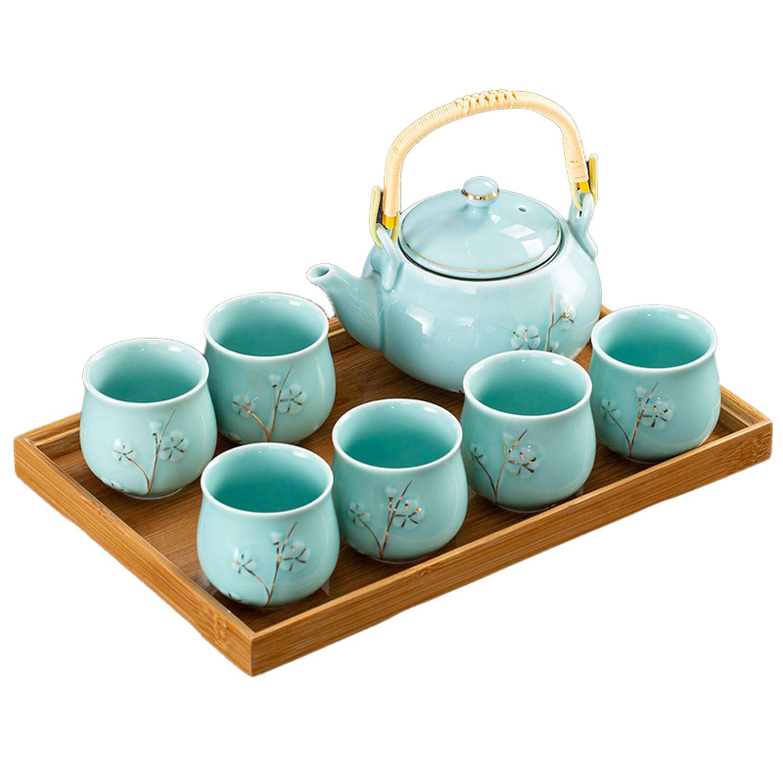 Plum Blossom Ceramic Tea Set - 1 Teapot 6 Cups with Bamboo Tray