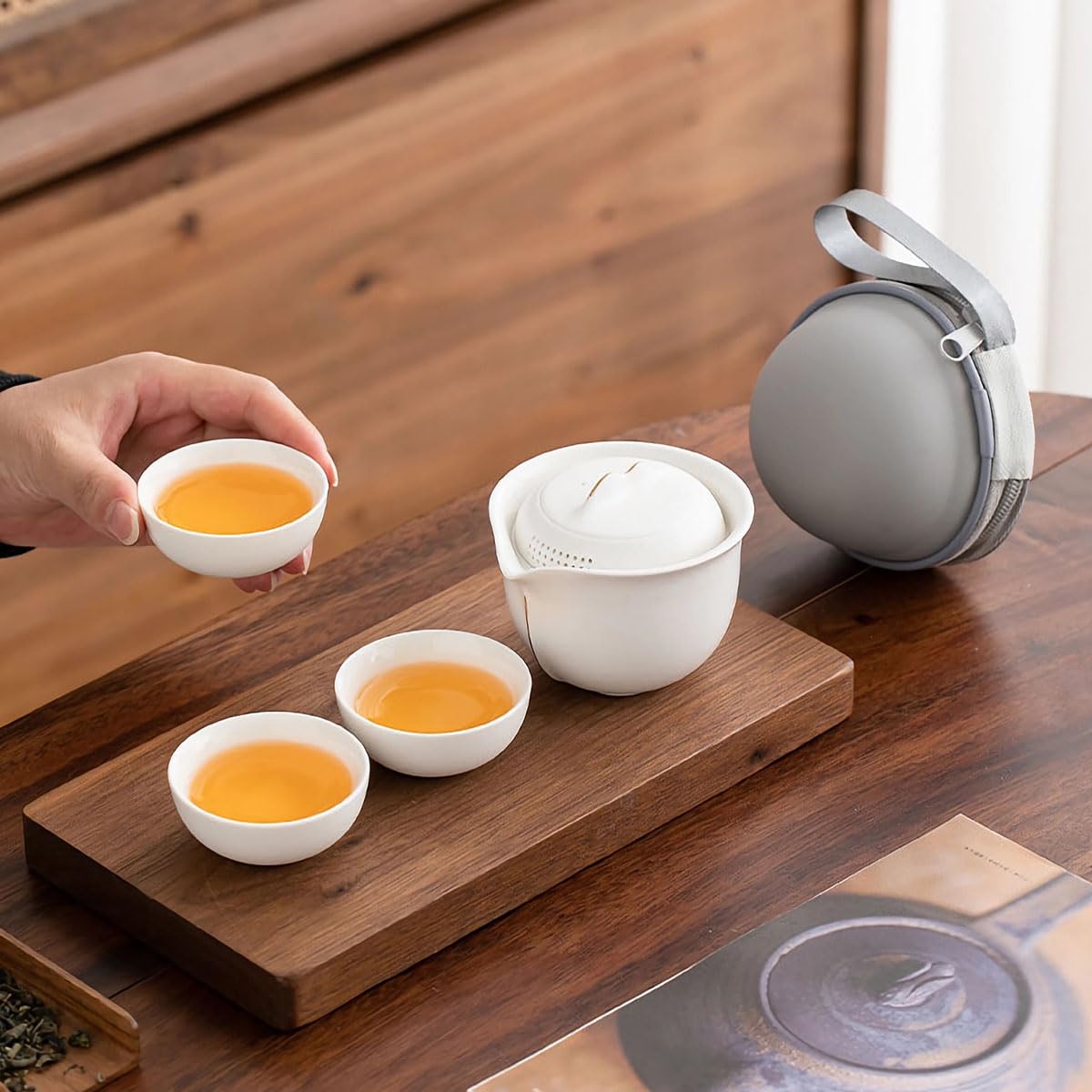 Black Frosted Travel Tea Set - Portable 1 Pot 3 Cup Ceramic Set with Carry Bag