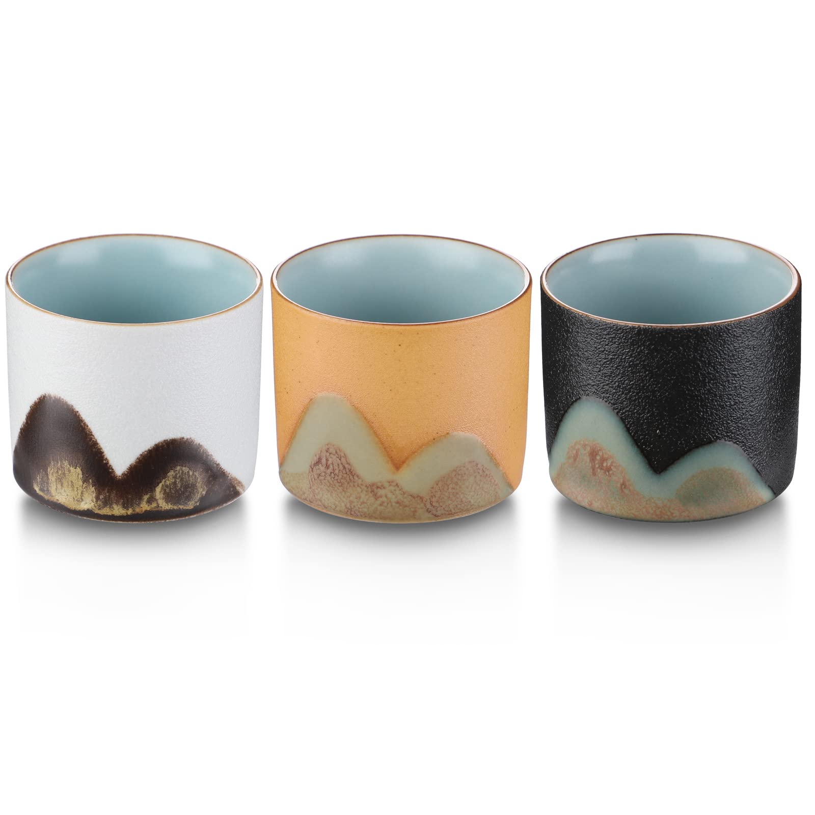 Set of 3 Retro Ceramic Tea Cups - Small Porcelain Cups for Tea & Sake