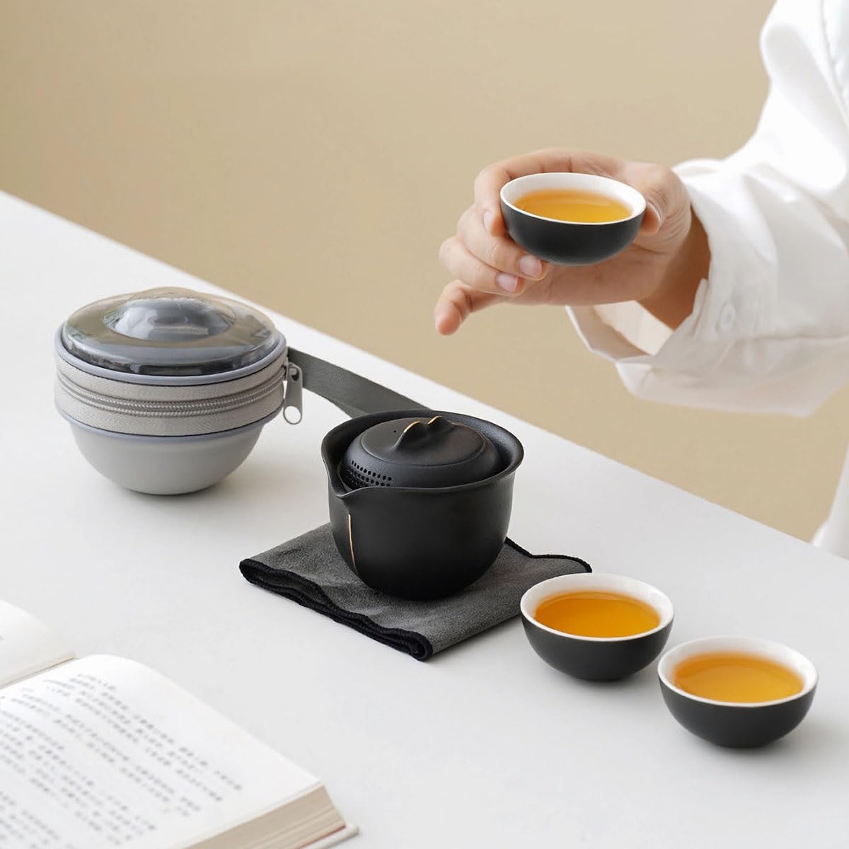 Black Frosted Travel Tea Set - Portable 1 Pot 3 Cup Ceramic Set with Carry Bag
