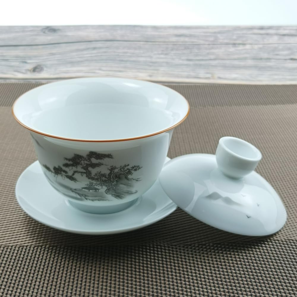 White Porcelain Gaiwan Set - 200ml Handmade Kungfu Tea Bowl with Lid & Saucer