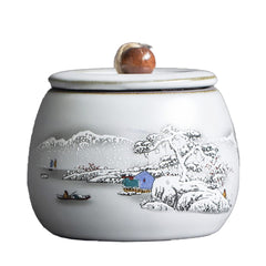 Mountain Pattern Ceramic Tea Caddy - 6oz Airtight Storage Jar